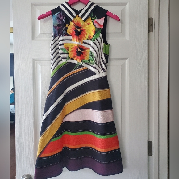 Mary Katrantzou Designer Silk Dress With Stripes and Flowers - Picture 2 of 6